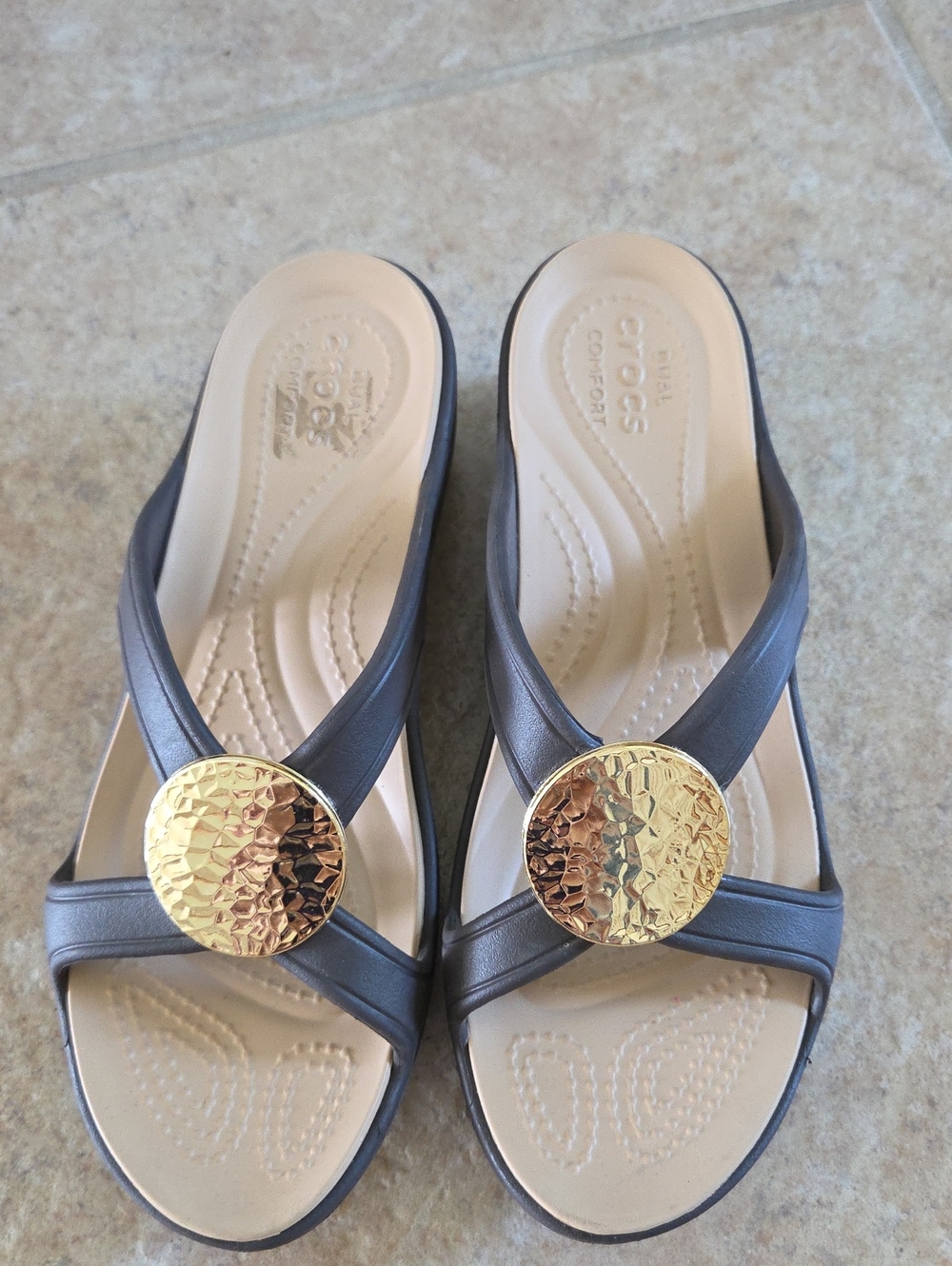 CROCS Dual Brown with Gold Medallion Sandals - Picture 4 of 9